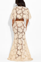 Modern Allure Floral Embroidery Lace Bell Sleeve Crop Top and High Rise Flare Maxi Skirt Set