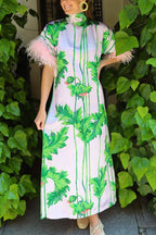 Darling Satin Botanical Print Tie-up Neck Half Sleeve Feather Trim Caftan Midi Dress