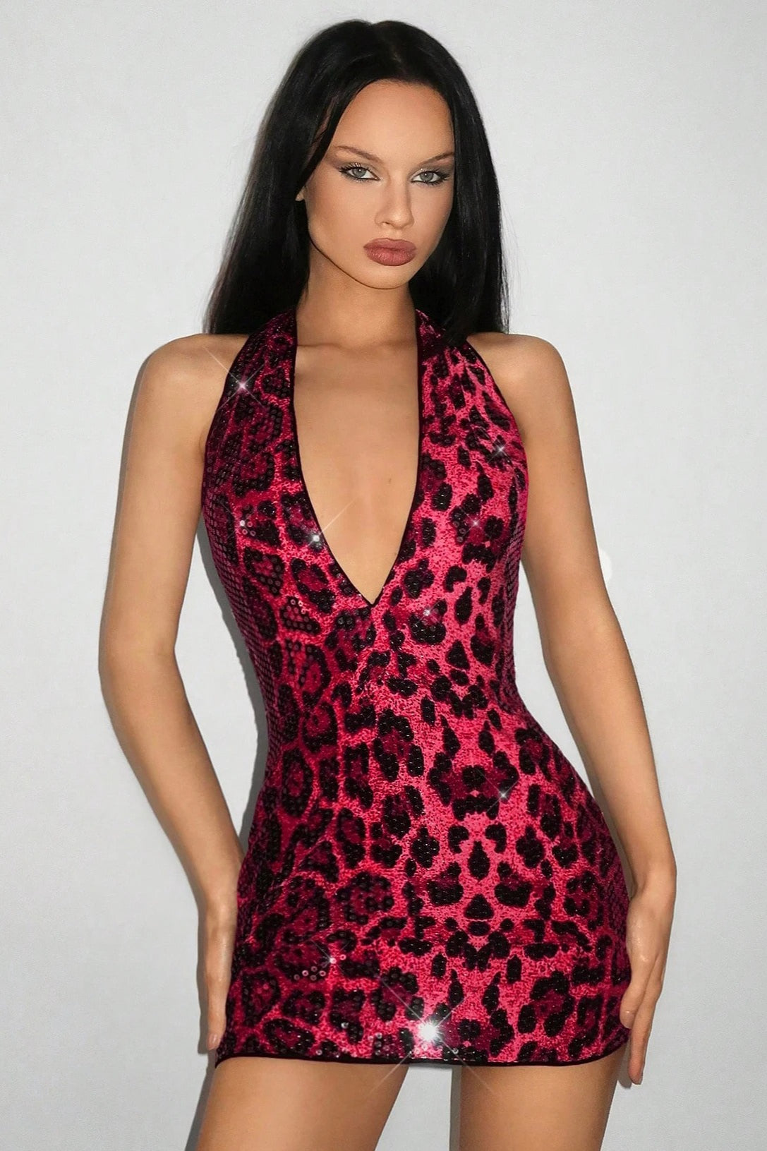 Leopard Print Sequin Halter Neck Deep V-Neck Bodycon Mini Dress