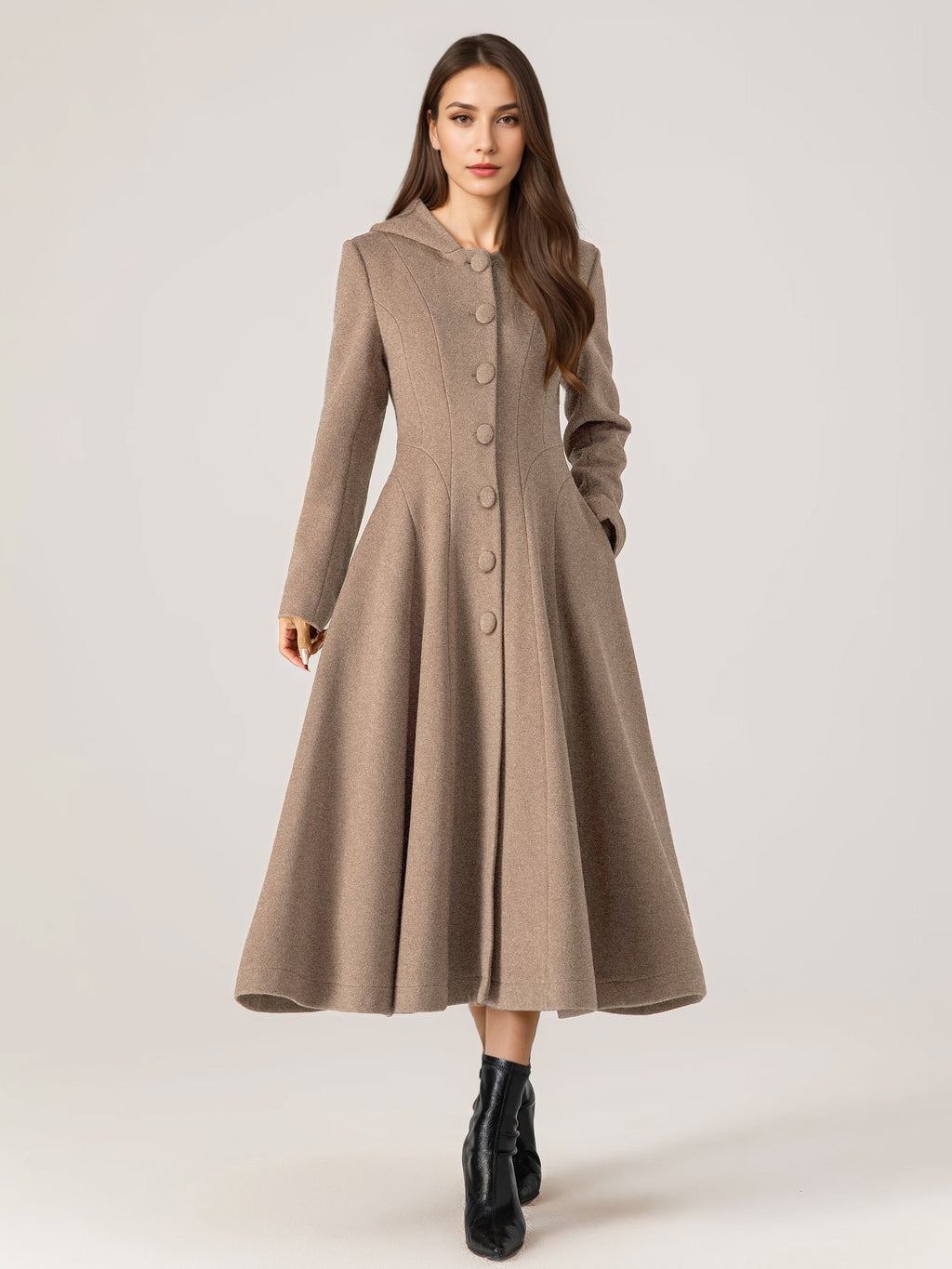 Woolen Flared Coat With Hood For Woman Red A-line Long Winter Outerwear 2026