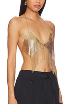 Stylish Gold Metal Chain Tassel Halter Tank Tops