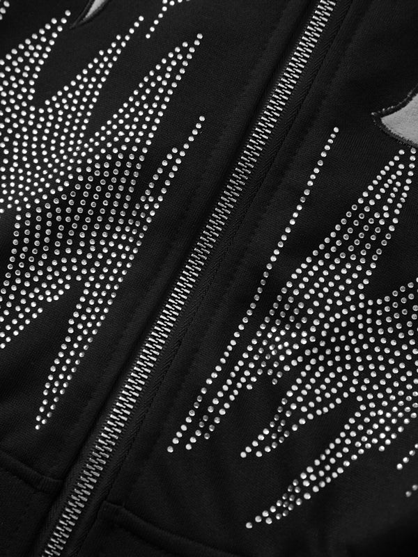 Rhinestone Hooded Loose Zipper Cardigan Hoodie