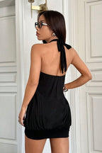Halter Neck Ring Detail Ruched Bubble Hem Mini Dress