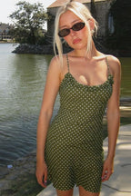 Polka Dot Ruffle Trim Scoop Neck Spaghetti Strap Bodycon Mini Dress