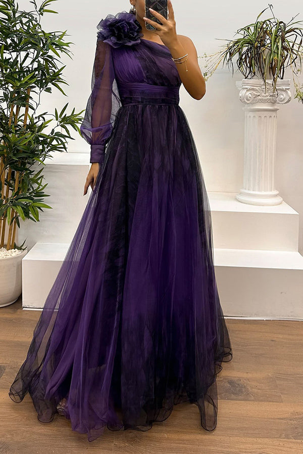 One Shoulder Floral Print Rosette Puff Sleeve Pleated Side Slit Maxi Dress