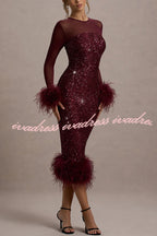 Glamor and Drama Mesh Sequin Patchwork Feather Trim Stretch Midi Dress