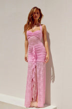 Lace Sweetheart Ruched High Slit Ruffle Trim Maxi Dress