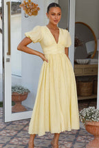 Solid V Neck Puff Sleeve Flared Midi Dress