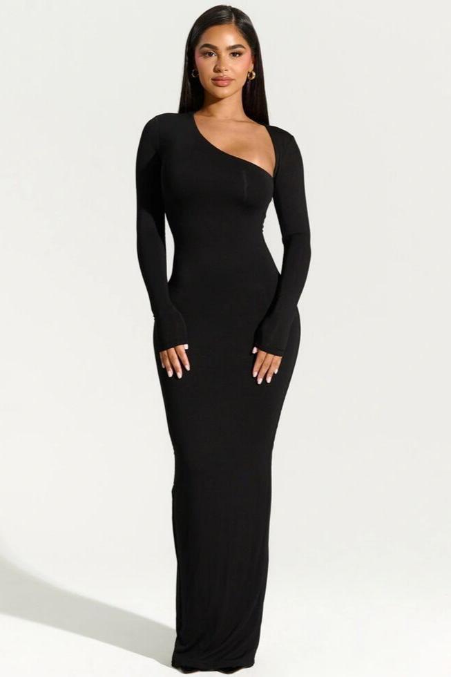 One Shoulder Cut Out Long Sleeve Bodycon Maxi Dress