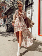 Floral High Low Boho Dress for Women - Cream Pink Cut Out Tie Front Flutter Sleeve Long Dress - Summer Beach Holiday 2026