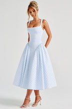Gingham Square Neck Basque Waist Pleated Fit and Flare Midi Dress