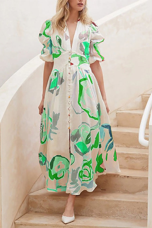 Abstract Watercolor Floral Puff Sleeve Button Maxi Dress
