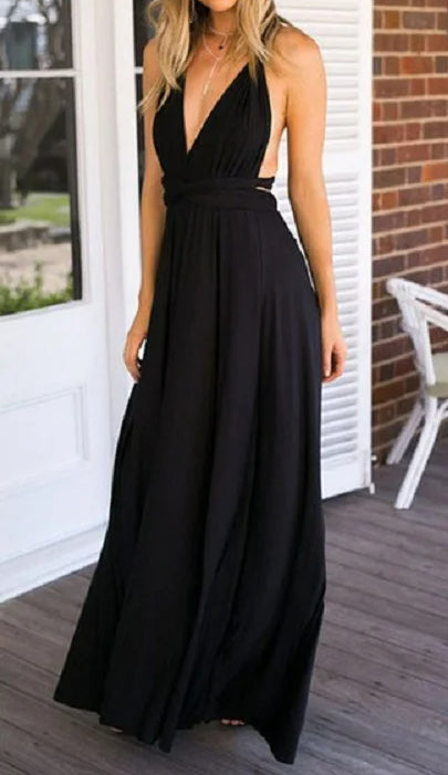 Convertible Wrap Strap Halter Waist Band High Slit Swing Maxi Dress
