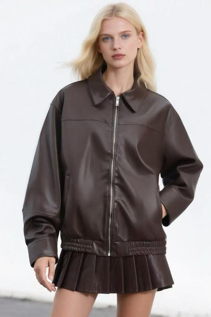 PU Leather Casual Lapel Jacket