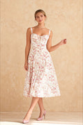 Bustier Sweetheart Tie Front Wide Strap Floral Print A-Line Midi Dress