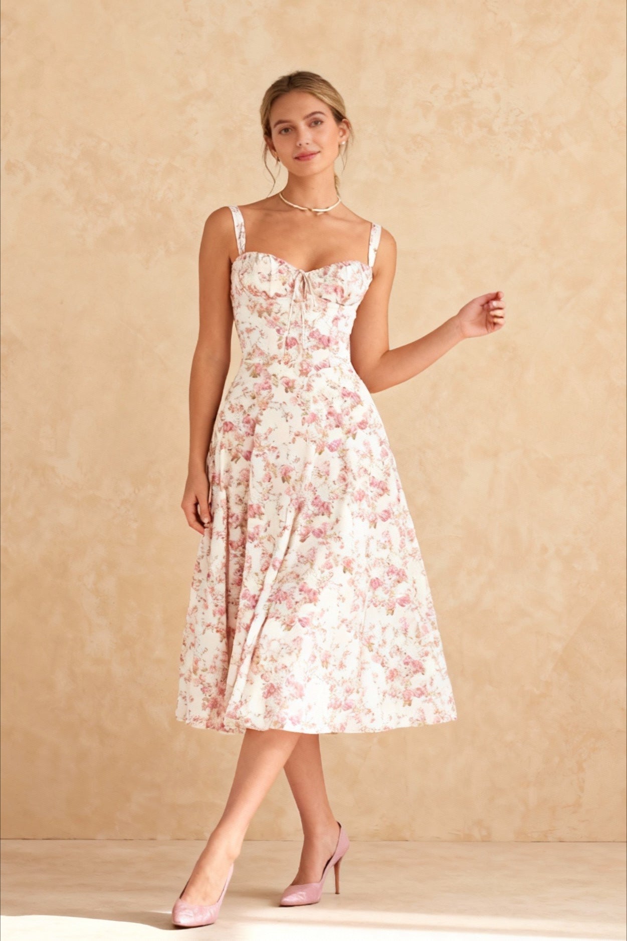 Bustier Sweetheart Tie Front Wide Strap Floral Print A-Line Midi Dress