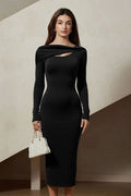 Rib Knit Long Sleeve Draped Overlay Keyhole Cut Out Bodycon Midi Dress