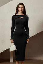 Rib Knit Long Sleeve Draped Overlay Keyhole Cut Out Bodycon Midi Dress