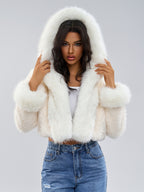 Hooded Faux Fur Coat In White Eco-friendly Winter Cropped Jacket For Women 2026