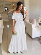 Off Shoulder Smocked Maxi Dress For Women - Boho Tiered A-Line Beach Gown with Puffy Sleeves - Summer Vacation 2026