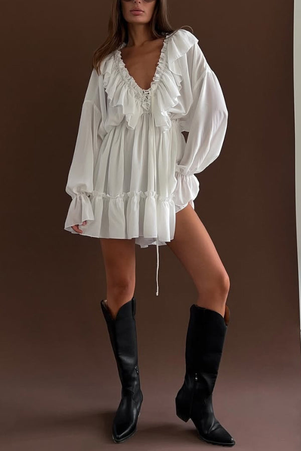 Solid Color V-neck Ruffled Ruched Long-sleeved Vacation Mini Dress