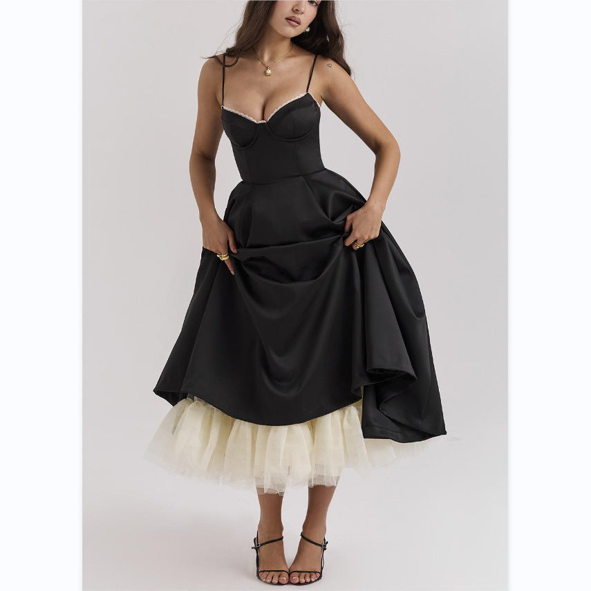 Sweetheart Bustier Lace Trim Satin Fit and Flare Midi Dress