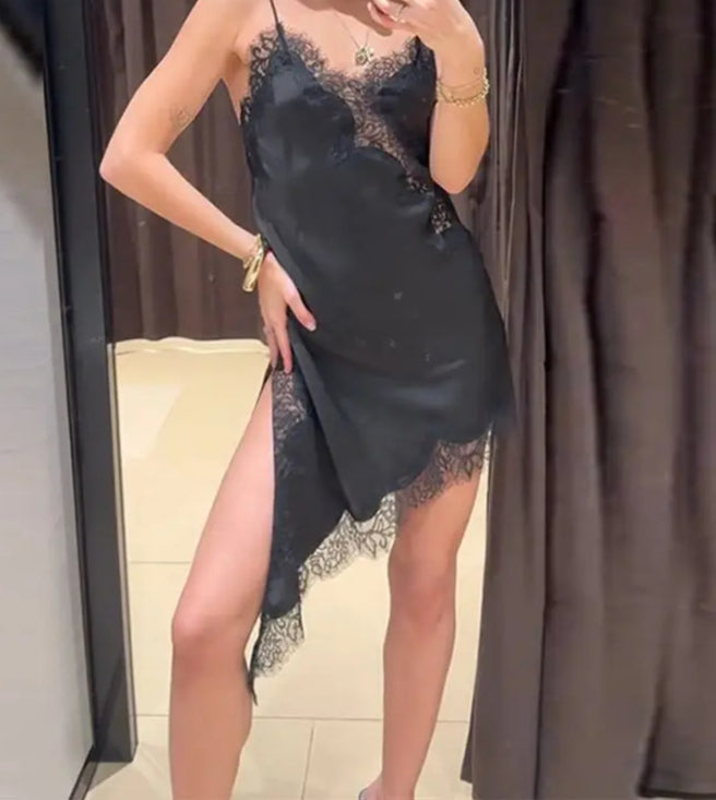 Lace Trim V Neck Asymmetrical Hem Satin Slip Mini Dress