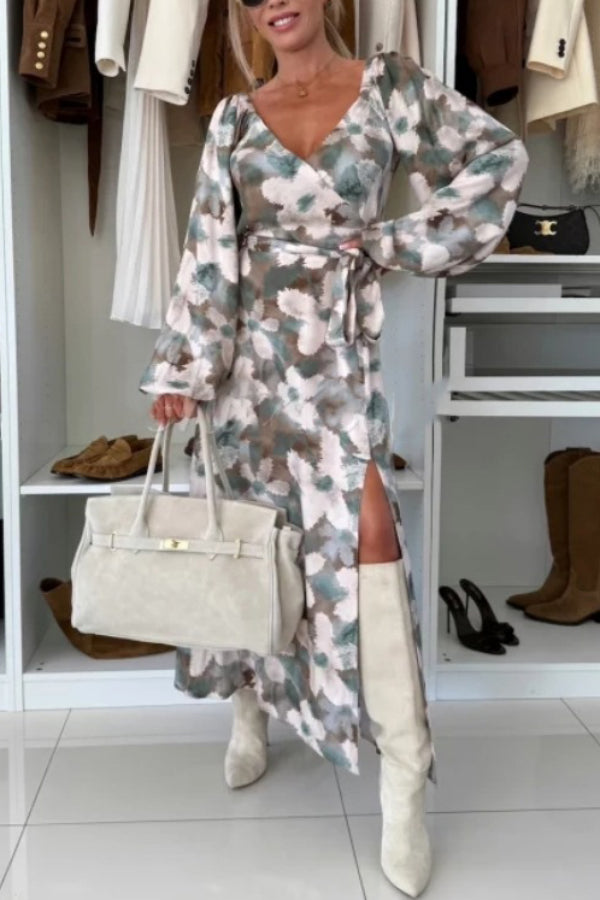 Unique Printed V-neck Long-sleeved Waist Tie Slit Maxi Dress