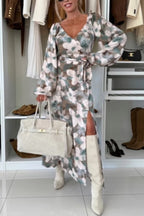 Unique Printed V-neck Long-sleeved Waist Tie Slit Maxi Dress