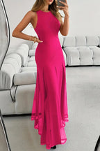 Solid Color Round Neck Sleeveless Slim Fit Sheer Patchwork Hem Maxi Dress