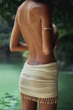 Apricot Halter Neck Plunging Keyhole Side Cut Out Ruched Beaded Fringe Mini Dress