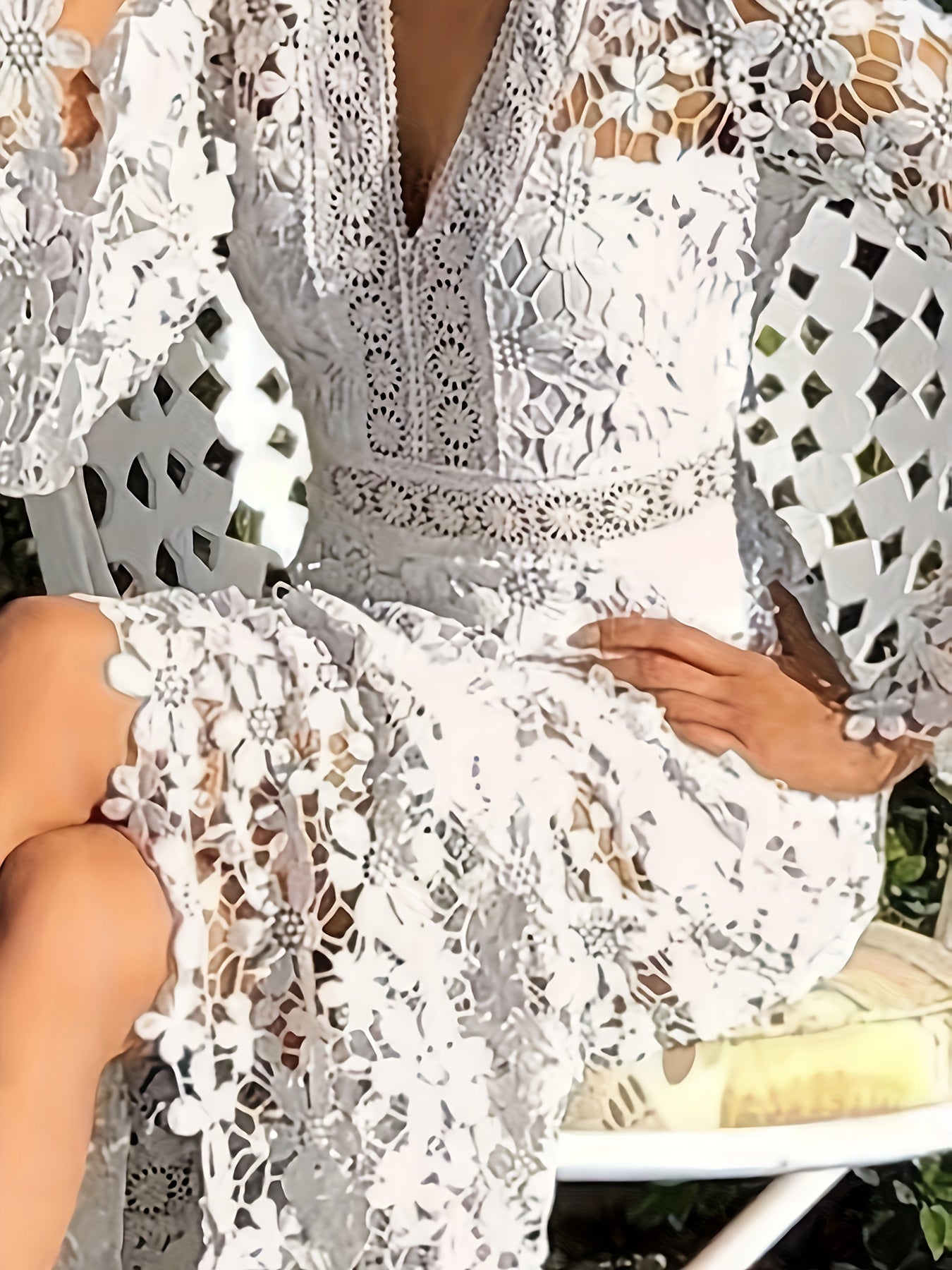 | Cotton Guipure Lace V-Neck Long Sleeve Apron Dress