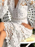Adeltrudis Chic Cotton Guipure Lace V Neck Long Sleeves Aprons Cocktail Festive Dress for Women Evening Wear Edit