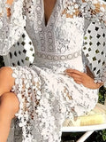 María Timeless Cotton Guipure Lace V Neck Long Sleeves Aprons Cocktail Festive Dress for Women Premium Wardrobe Essential