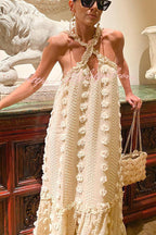 3D Floral Applique Halter Keyhole Tiered Maxi Dress