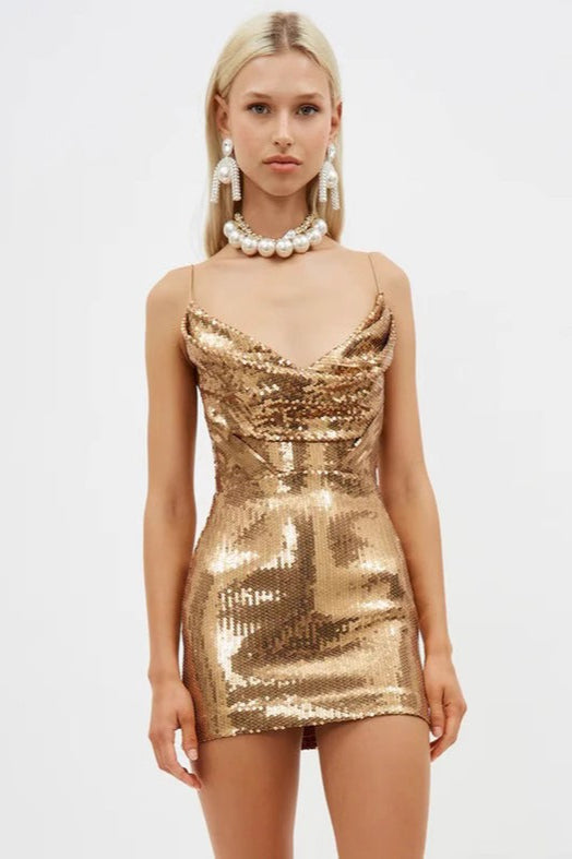 Golden Deep V Neck Spaghetti Strap Sequin Mini Dress