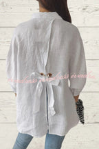 Linen Blend Solid Color Tie Back Loose Shirt Top