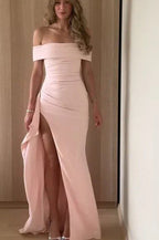 Off-Shoulder Waist Cinching Split Evening Party Dress