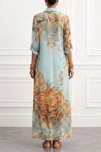 Boho Vintage Art Print Button Down Maxi Shirt Dress