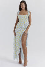 cherry ruffle maxi dress-blue flower