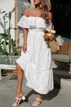 Off Shoulder Ruffle Tiered Jacquard Ladder Lace Trim Maxi Dress