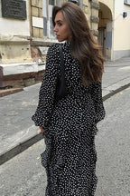 Polka Dot Deep V-Neck Long Sleeve Tiered Ruffle Maxi Dress