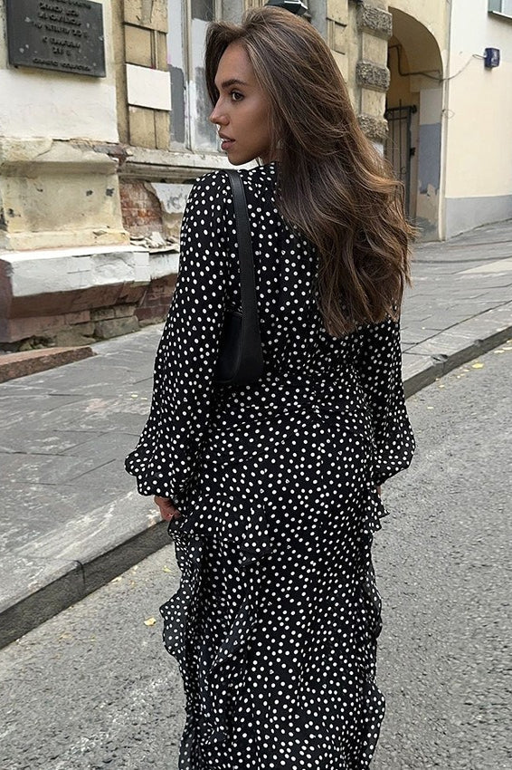 Polka Dot Deep V-Neck Long Sleeve Tiered Ruffle Maxi Dress