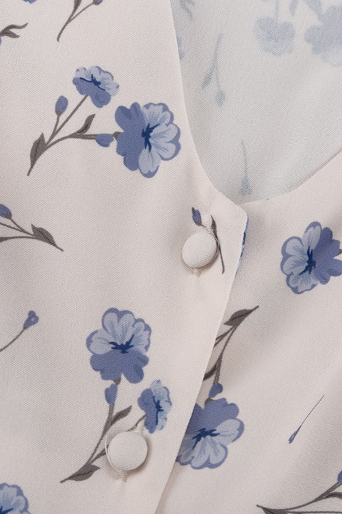 Asymmetric V Neck Flare Sleeve Floral Dress