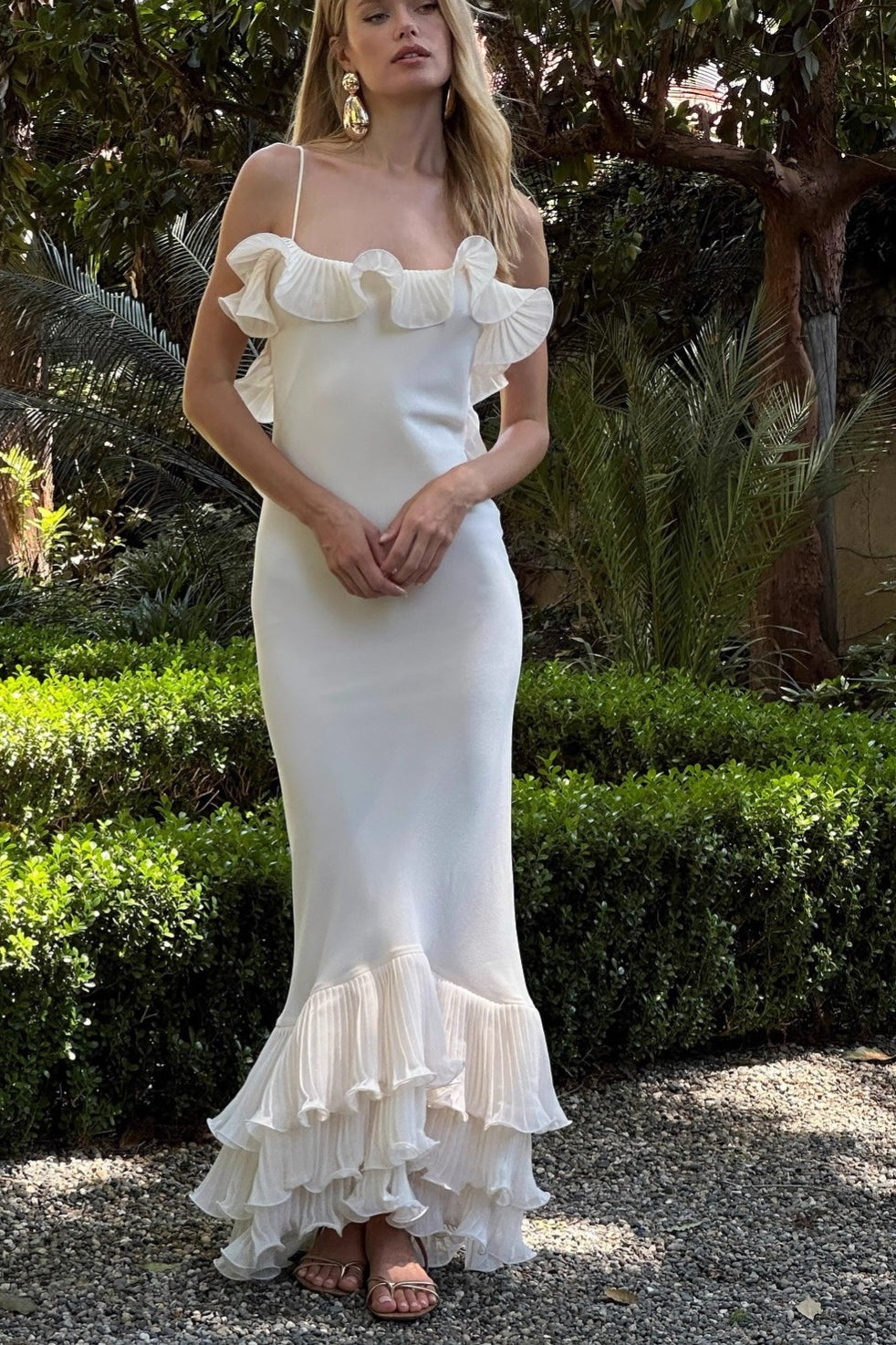 Spaghetti Strap Accordion Pleat Ruffle Neckline Tiered Pleated Hem Maxi Dress