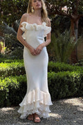 Spaghetti Strap Accordion Pleat Ruffle Neckline Tiered Pleated Hem Maxi Dress