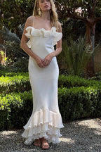 Spaghetti Strap Accordion Pleat Ruffle Neckline Tiered Pleated Hem Maxi Dress
