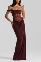 Lace Sweetheart One Shoulder Spaghetti Strap Draped Cowl Mermaid Maxi Dress