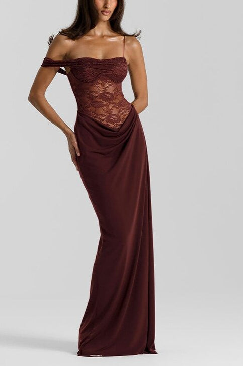 Lace Sweetheart One Shoulder Spaghetti Strap Draped Cowl Mermaid Maxi Dress