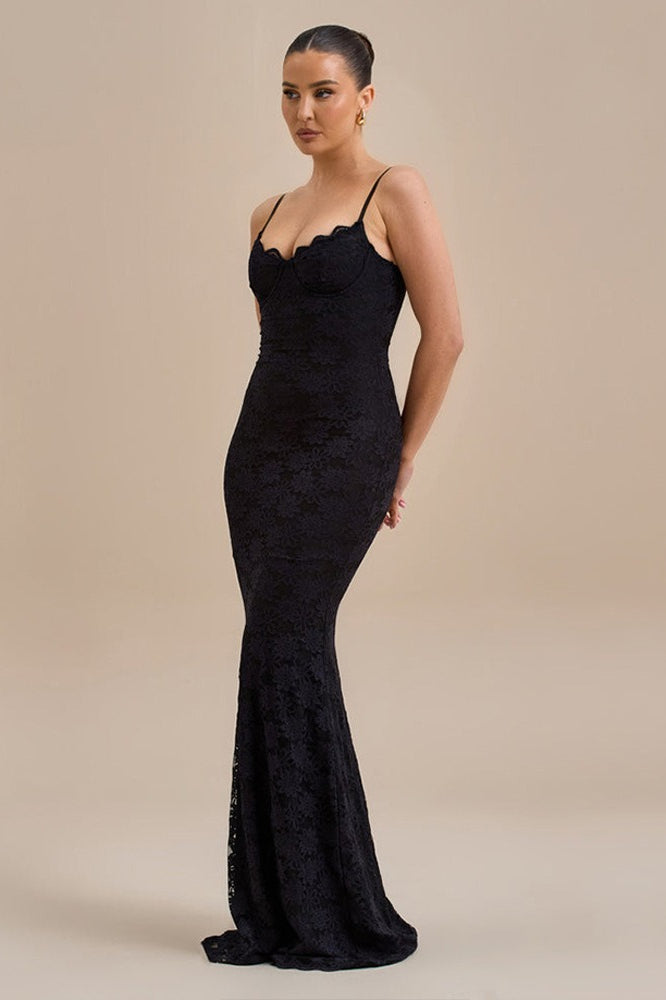 Spaghetti Strap Sweetheart Lace Bustier Mermaid Maxi Dress